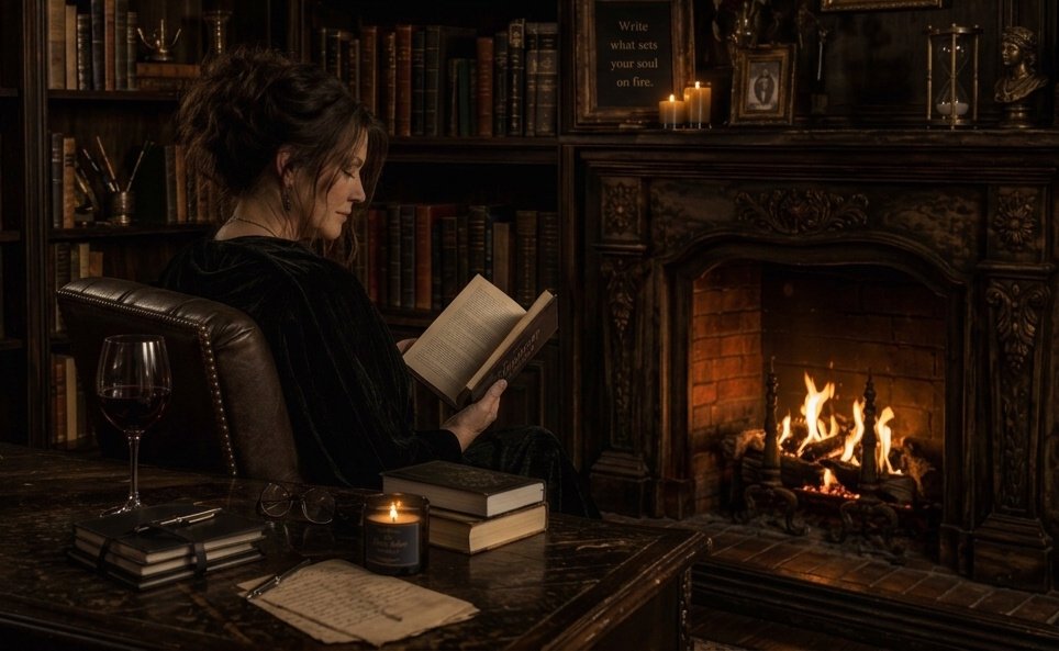 Wysteria Blackmoon, romantasy author, reading by a candlelit fireplace