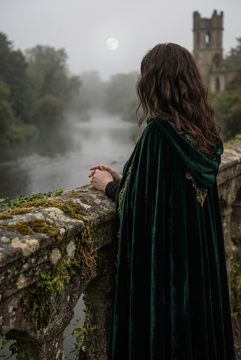 Wysteria Blackmoon, romantasy author, standing by the water in a green cloak